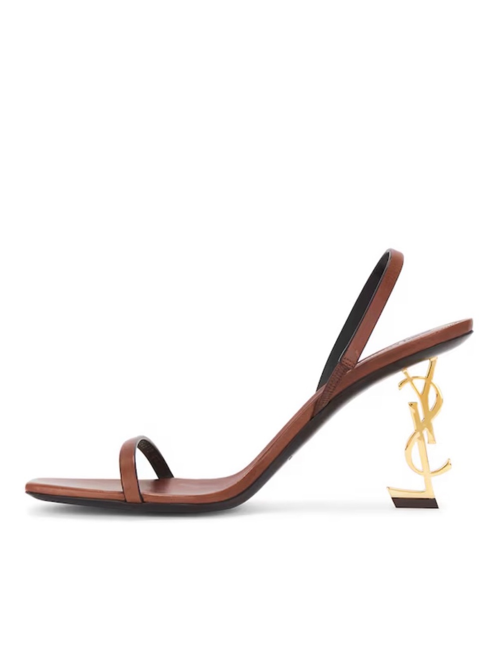 Saint Laurent Brown Leather Logo-Heel Slingback Sandals with Gold YSL Heel